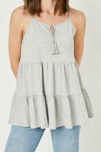 HY2685 Grey Womens Tiered Texture Knit Sleeveless Tassel Top Pose