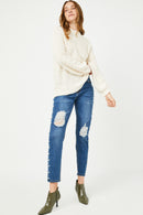 HY2741 Cream Womens Popcorn Knit Pullover Sweater Full Body