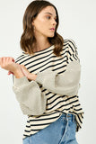 HY2763 OATMEAL Womens Contrast Stripe Sleeve Textured Knit Top Front