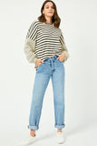 HY2763 OATMEAL Womens Contrast Stripe Sleeve Textured Knit Top Full Body