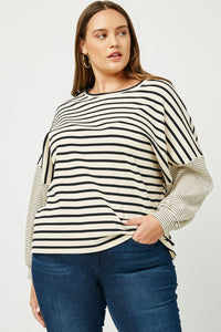 HY2763W OATMEAL Plus Contrast Stripe Sleeve Textured Knit Top Front