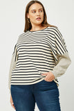 HY2763W OATMEAL Plus Contrast Stripe Sleeve Textured Knit Top Front