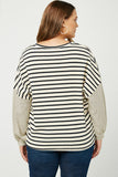 HY2763W OATMEAL Plus Contrast Stripe Sleeve Textured Knit Top Back