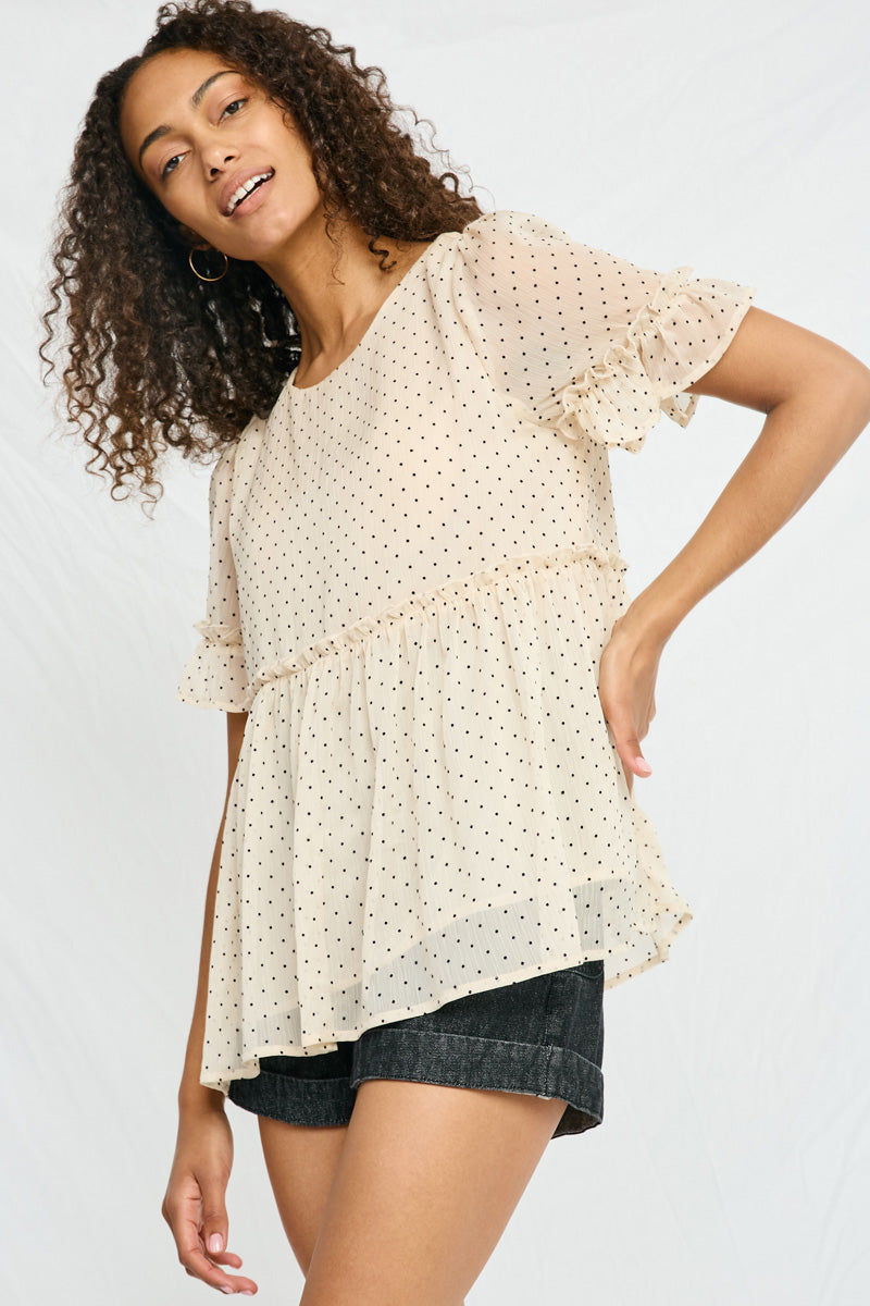 Womens Sheer Polka Dot Peplum Top