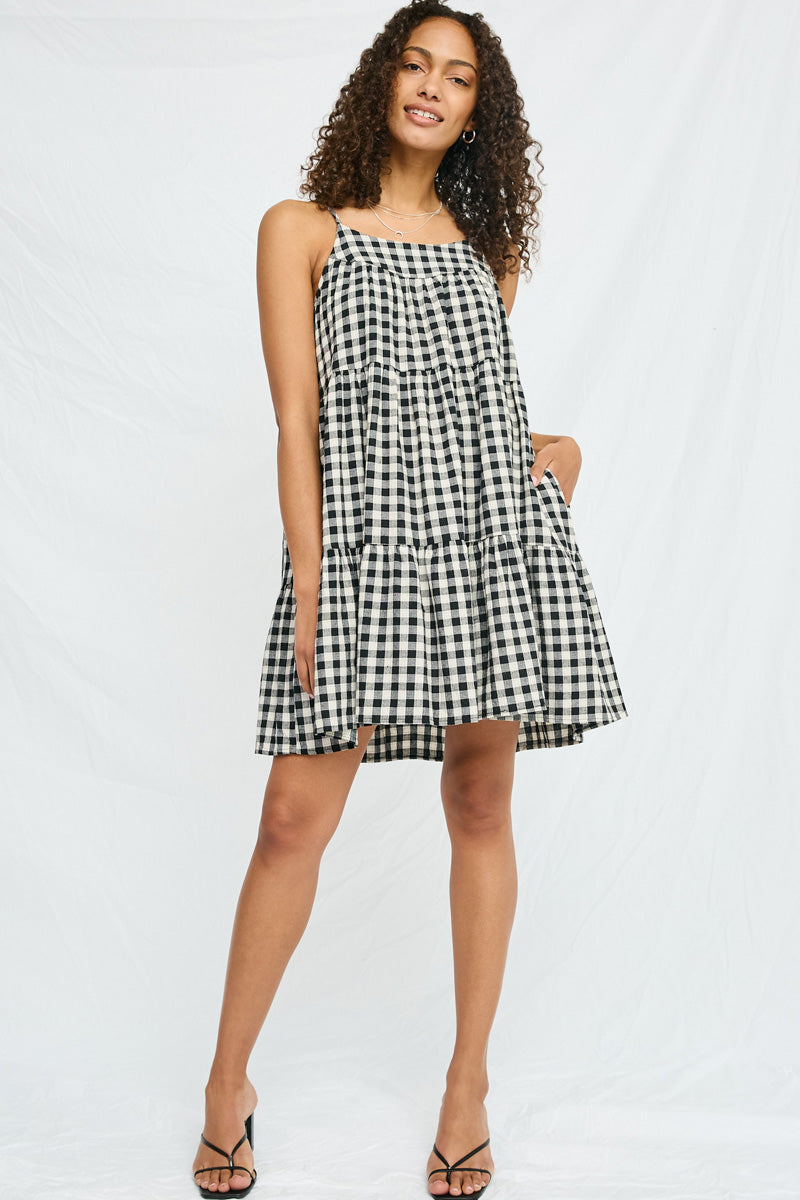 Womens Gingham Tiered Sleeveless Dress