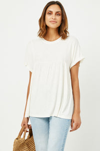 HY2958 OFF WHITE Womens Ribbed Knit Paneled Baby Doll Top Front