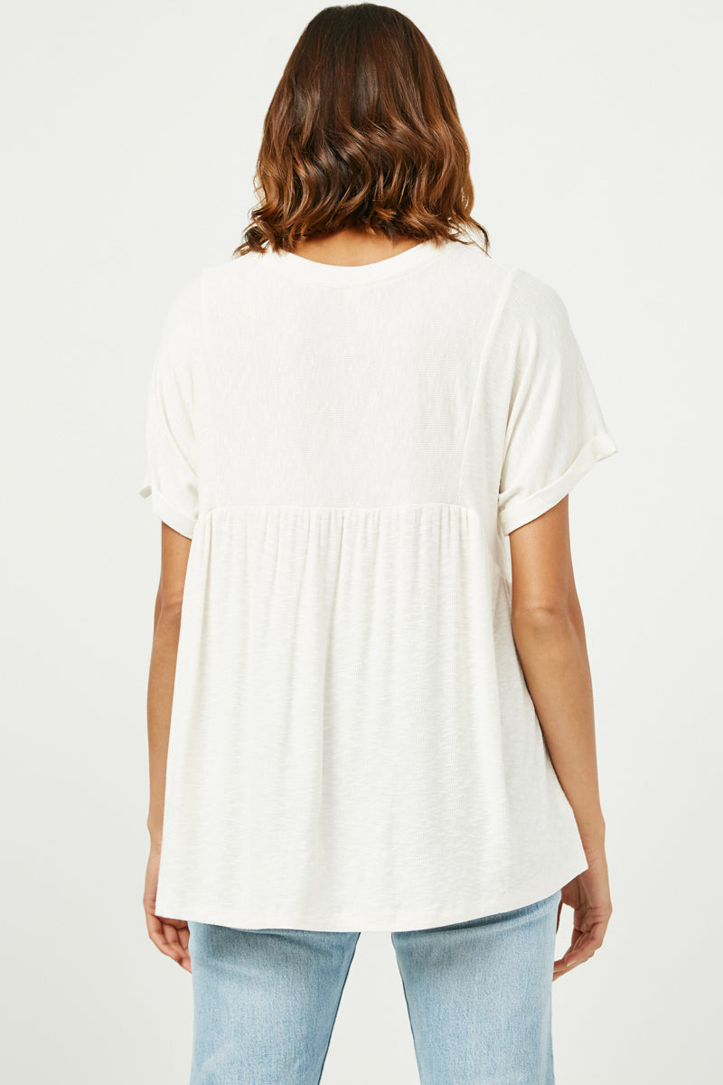 HY2958 OFF WHITE Womens Ribbed Knit Paneled Baby Doll Top Back