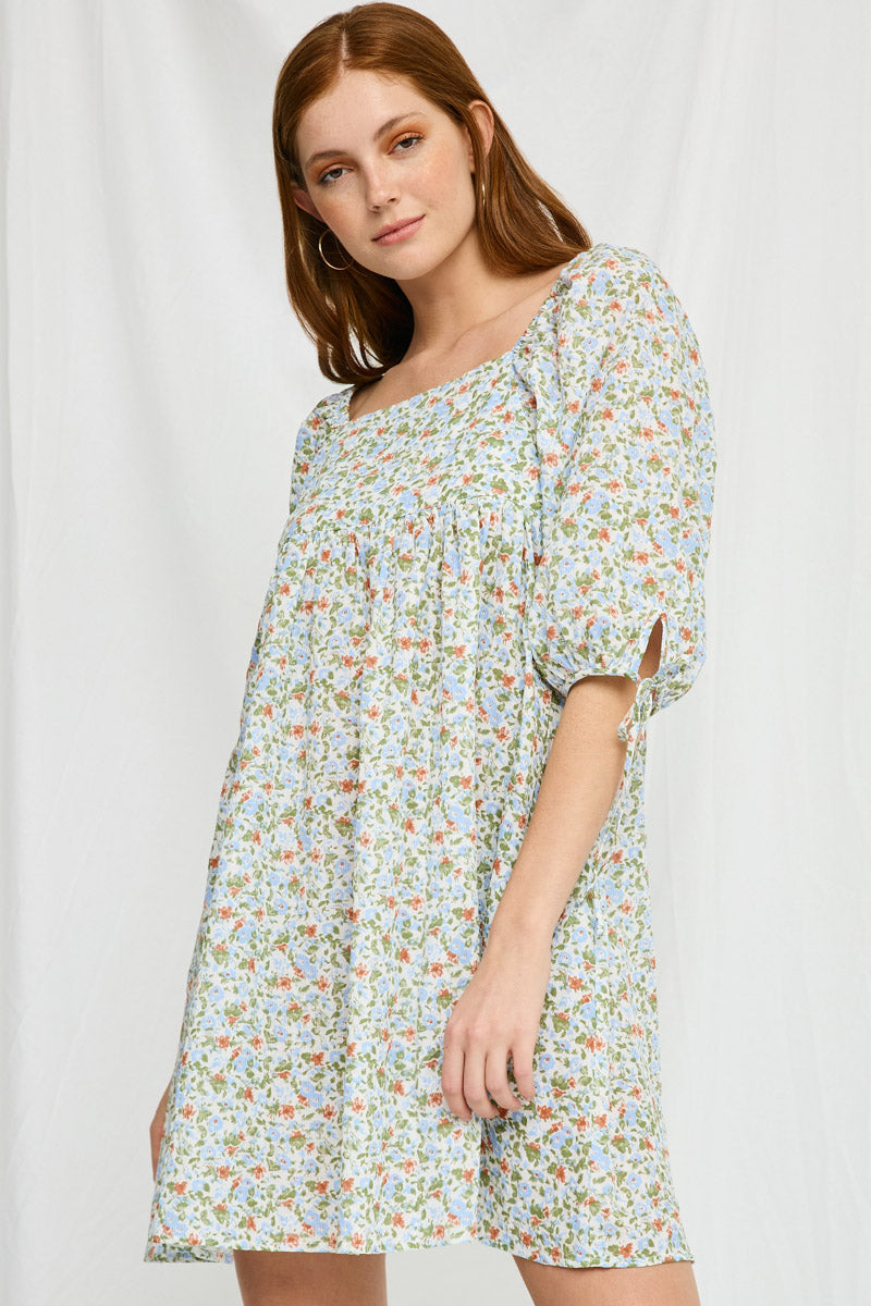Tie Sleeve Square Neck Floral Tunic Dress