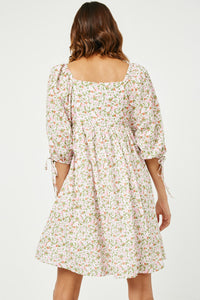 HY2988 PINK Womens Tie Sleeve Square Neck Floral Tunic Dress Front