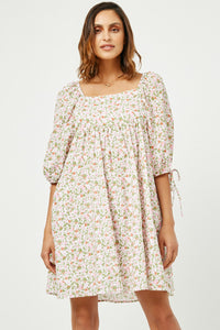 HY2988 PINK Womens Tie Sleeve Square Neck Floral Tunic Dress Back