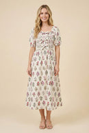 Womens Block Print Bow Detailed Smocked Dress