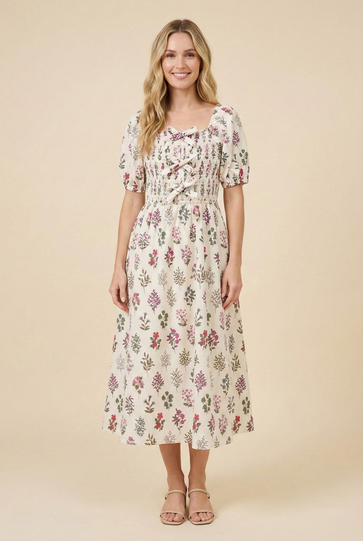 Womens Block Print Bow Detailed Smocked Dress