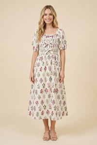 Womens Block Print Bow Detailed Smocked Dress