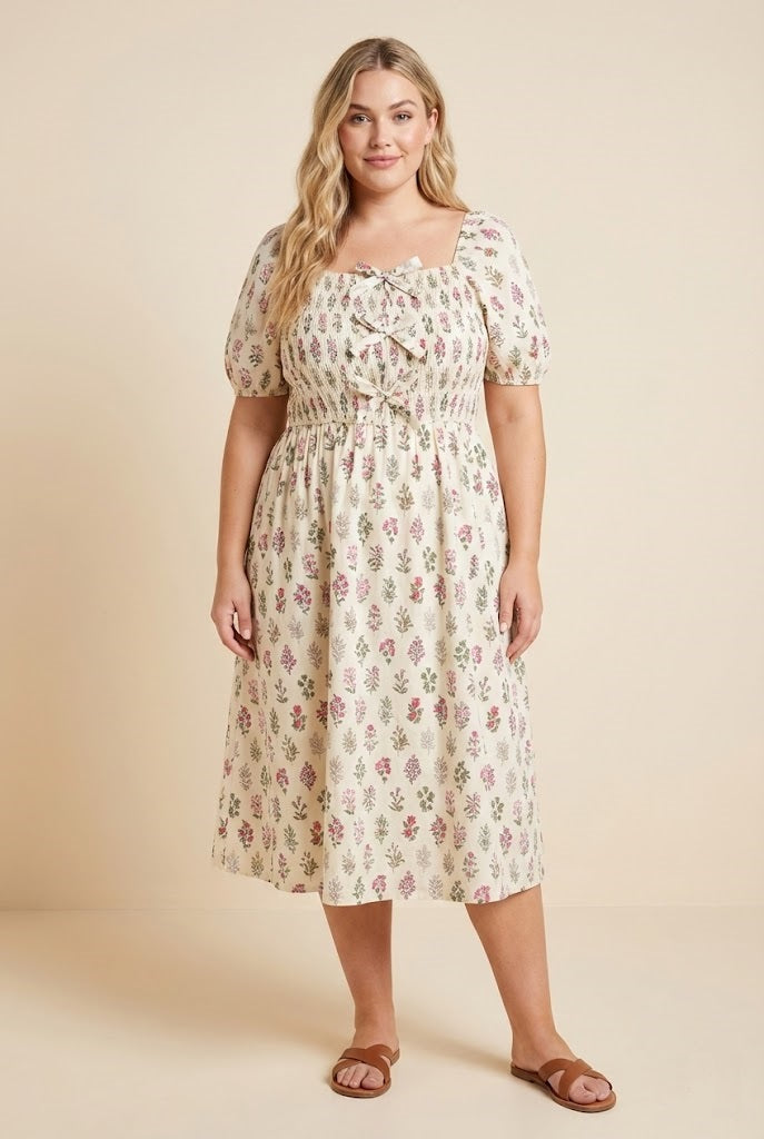 Womens Block Print Bow Detailed Smocked Dress