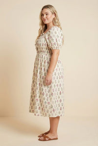 Womens Block Print Bow Detailed Smocked Dress
