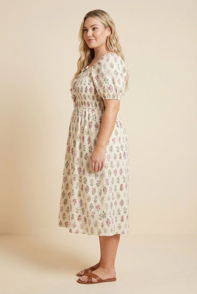 Womens Block Print Bow Detailed Smocked Dress