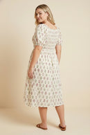 Womens Block Print Bow Detailed Smocked Dress