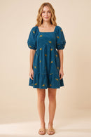 Womens Floral Embroidered Corduroy Pleated Sleeve Dress