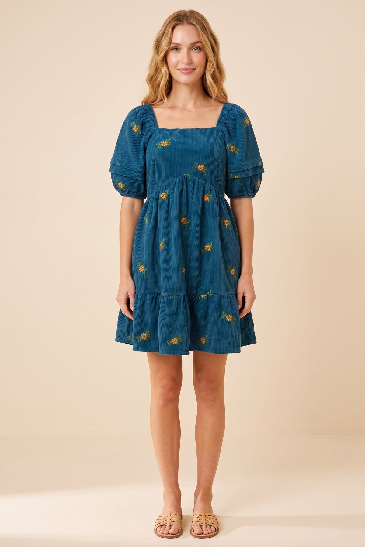 Womens Floral Embroidered Corduroy Pleated Sleeve Dress