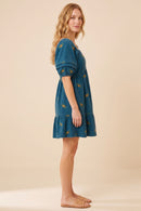 Womens Floral Embroidered Corduroy Pleated Sleeve Dress