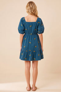 Womens Floral Embroidered Corduroy Pleated Sleeve Dress