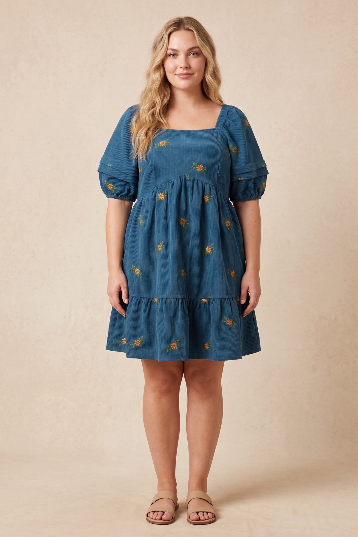 Womens Floral Embroidered Corduroy Pleated Sleeve Dress
