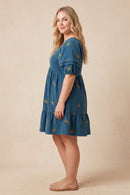 Womens Floral Embroidered Corduroy Pleated Sleeve Dress