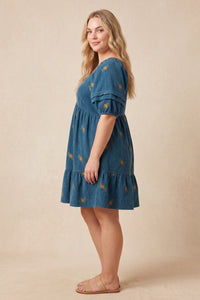 Womens Floral Embroidered Corduroy Pleated Sleeve Dress