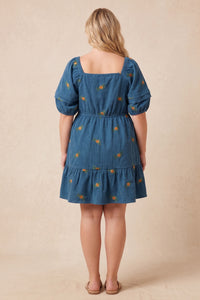 Womens Floral Embroidered Corduroy Pleated Sleeve Dress