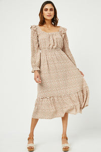 HY5041 IVORY Womens Ditsy Floral Squared Ruffle Neck Long Sleeve Dress Full Body