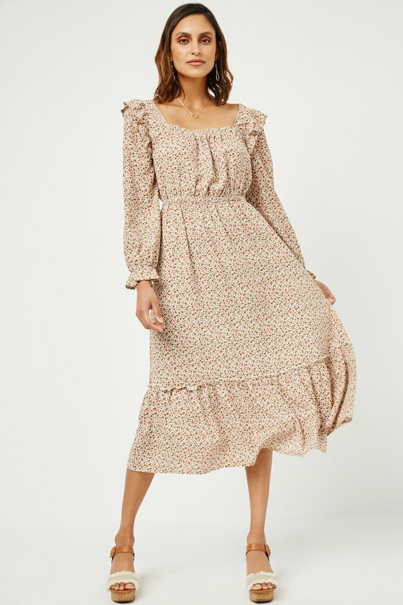 HY5041 IVORY Womens Ditsy Floral Squared Ruffle Neck Long Sleeve Dress Full Body