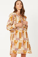 HY5058 MUSTARD Womens Patch Print Ruffled Shoulder Tie Neck Long Sleeve Dress Front