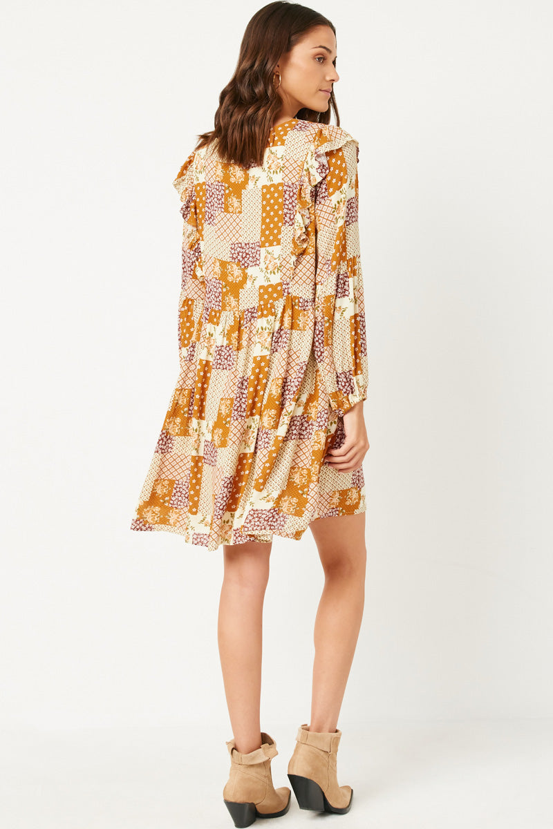 HY5058 MUSTARD Womens Patch Print Ruffled Shoulder Tie Neck Long Sleeve Dress Back
