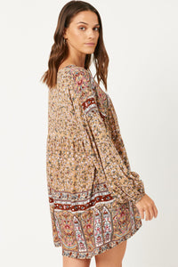 HY5096 TAUPE Womens Floral Border Print Long Sleeve Surplice Tunic Back