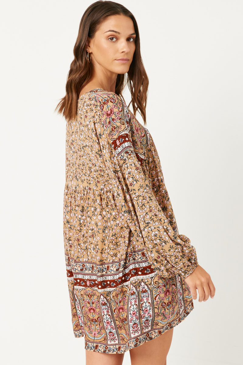 HY5096 TAUPE Womens Floral Border Print Long Sleeve Surplice Tunic Back