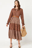 HY5098 BROWN Womens Floral Block Ruffled Tie Neck Long Sleeve Dress Full Body