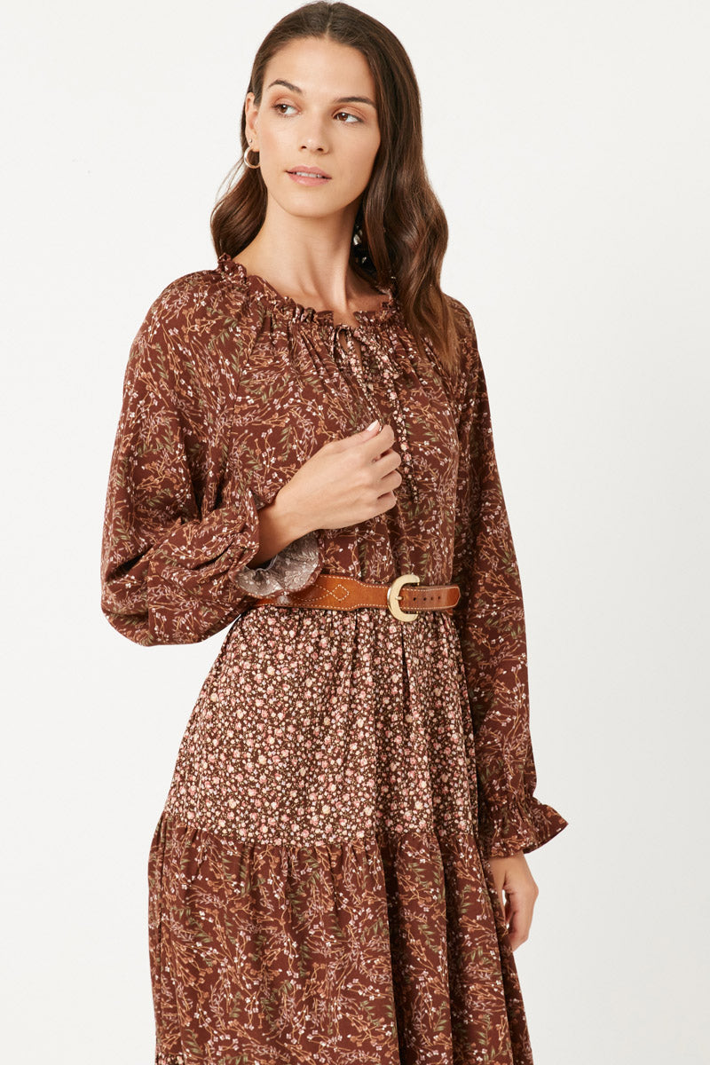 Womens Floral Ruffled Tie Neck Long Sleeve Dress