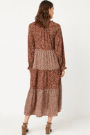 HY5098 BROWN Womens Floral Block Ruffled Tie Neck Long Sleeve Dress Back