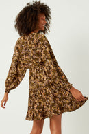 HY5105 OLIVE Womens Printed Dolman Sleeve Tiered Skirt Dress Back