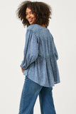 HY5124 BLUE Womens Ruffled Seam Detail Tasseled Long Sleeve Top Back