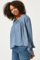 HY5124 BLUE Womens Ruffled Seam Detail Tasseled Long Sleeve Top Side