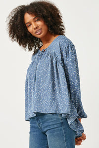 HY5124 BLUE Womens Ruffled Seam Detail Tasseled Long Sleeve Top Side