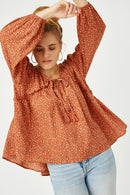 HY5124 RUST Womens Ruffled Seam Detail Tasseled Long Sleeve Top Full Body