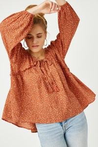 HY5124 RUST Womens Ruffled Seam Detail Tasseled Long Sleeve Top Full Body