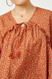 HY5124 RUST Womens Ruffled Seam Detail Tasseled Long Sleeve Top Detail