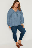 HY5124W BLUE Plus Ruffled Seam Detail Tasseled Long Sleeve Top Side