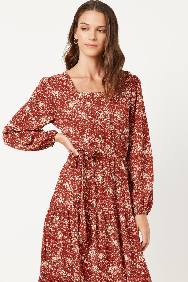 Womens Square Neck Puff Sleeve Belted Dress