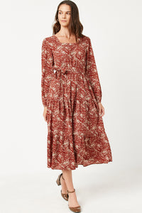 HY5136 BURGUNDY Womens Square Neck Puff Sleeve Belted Dress Front