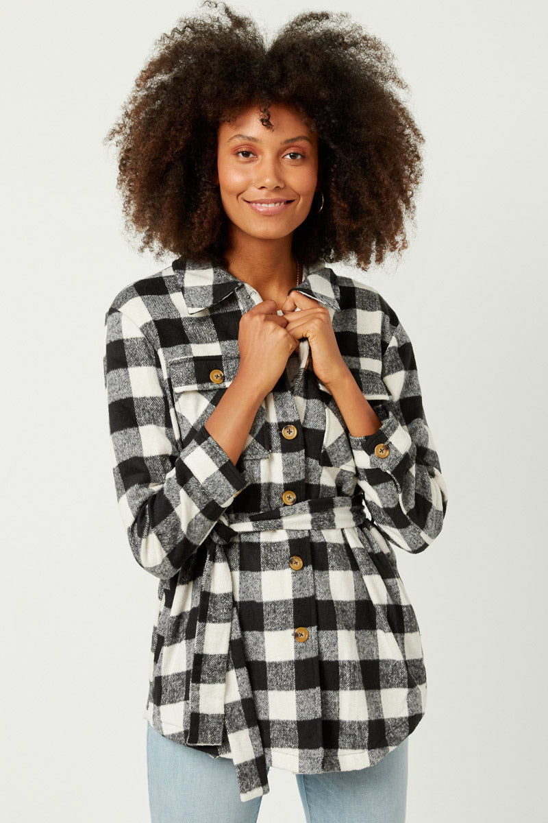Womens Plaid Belted Long Length Shacket