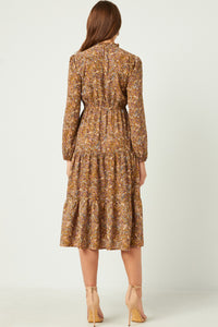 HY5154 OLIVE Womens Dusty Floral Ruffle Neck Smock Detail Dress Back